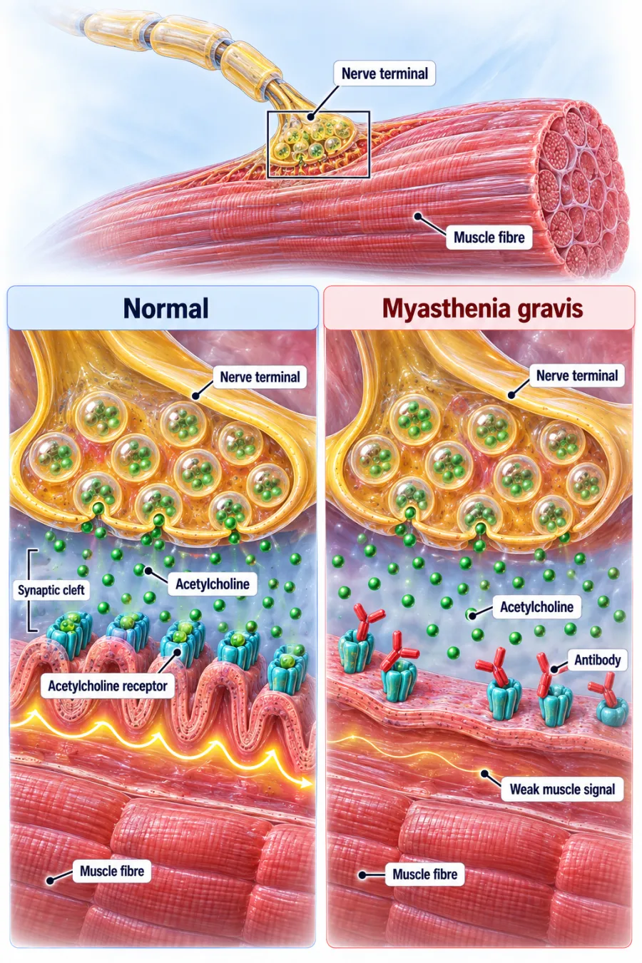 Myasthenia gravis: antibodies block acetylcholine receptors at the neuromuscular junction