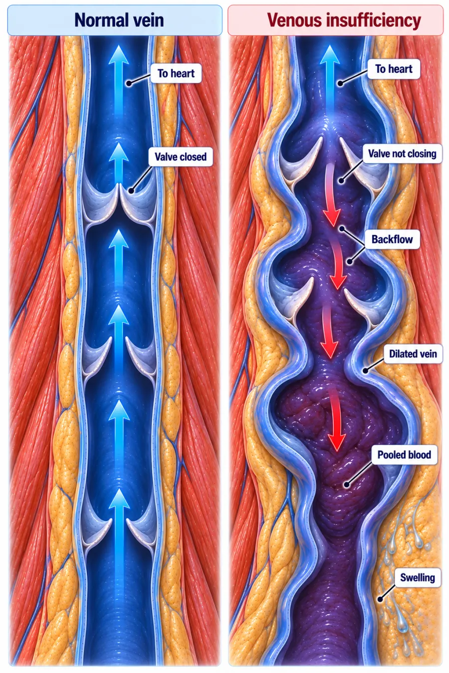 Leg vein valves: normal one-way flow vs failing valves with backflow and pooling