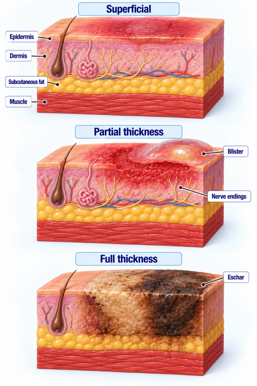 Burn depth: superficial, partial thickness (blister) and full thickness (eschar)