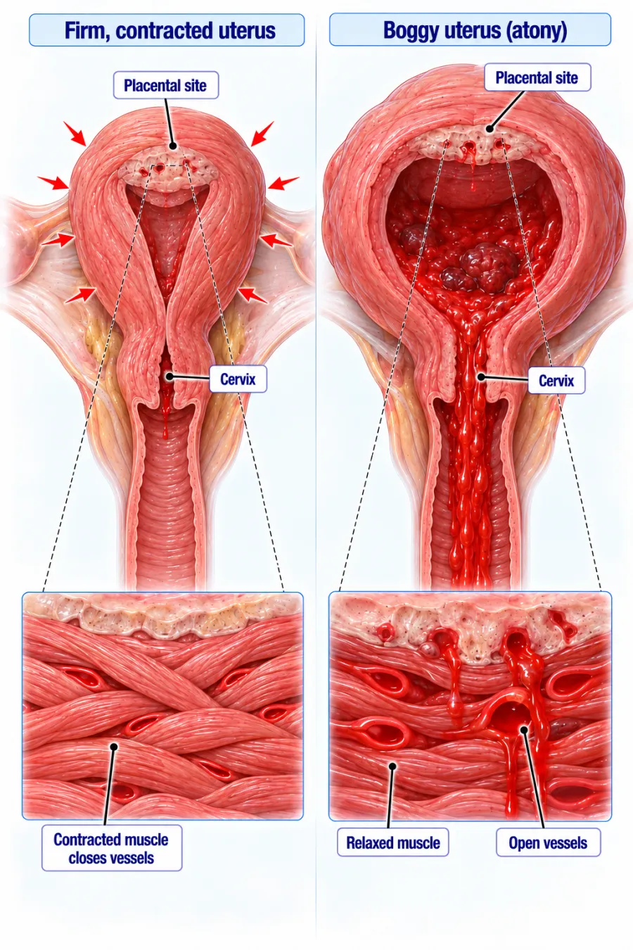 Postpartum hemorrhage: a firm uterus clamps vessels shut; a boggy (atonic) uterus lets them bleed